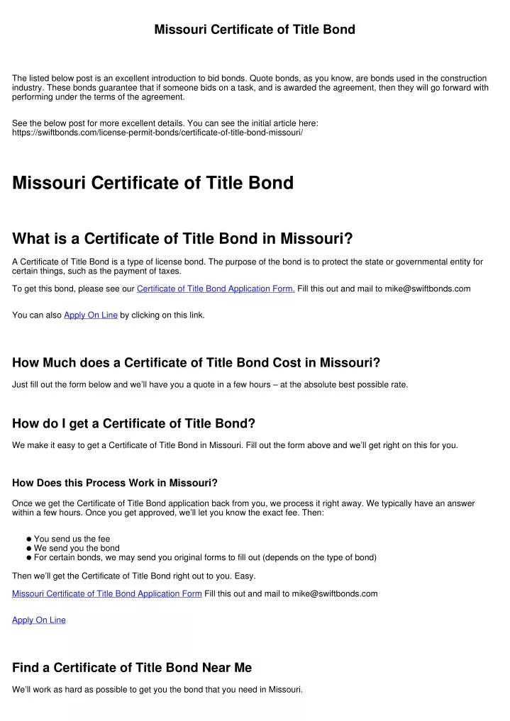 missouri certificate of title bond