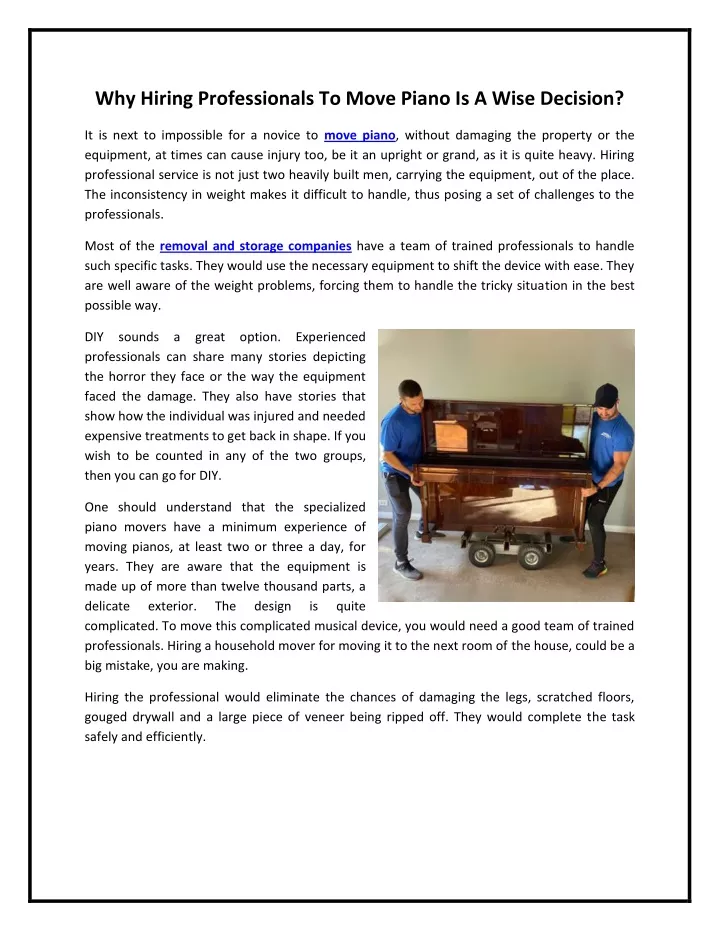why hiring professionals to move piano is a wise