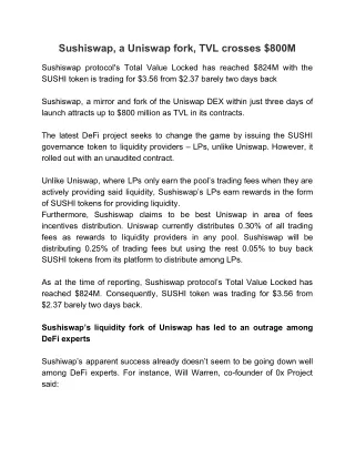 sushiswap a uniswap fork tvl crosses 800m