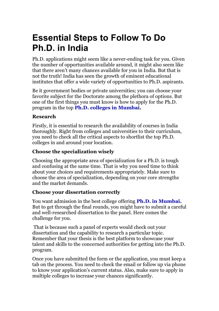 essential steps to follow to do ph d in india