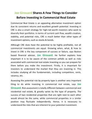 Joe Girouard Shares A Few Things to Consider Before Investing In Commercial Real Estate