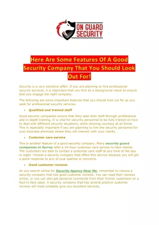 Here Are Some Features Of A Good Security Company That You Should Look Out For