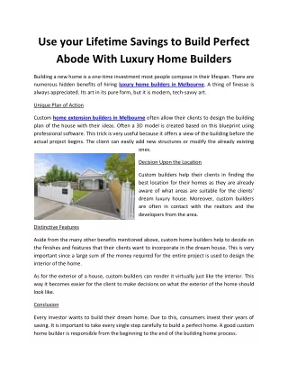 Use your Lifetime Savings to Build Perfect Abode With Luxury Home Builders