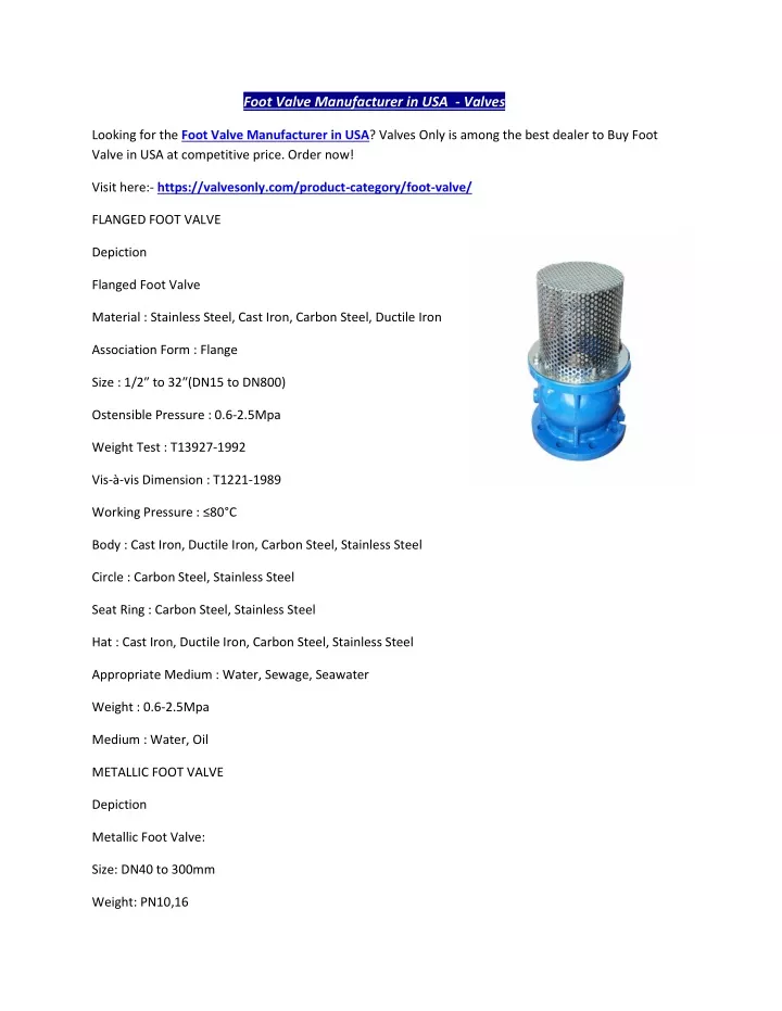 foot valve manufacturer in usa valves only