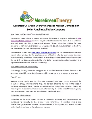 Adoption of Green energy Increases Market Demand for Solar Panel Installation Company