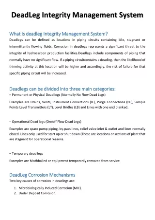 Suggestion Of Integrity Enhancement Via Dead Leg Management System– LifeTech Engineering