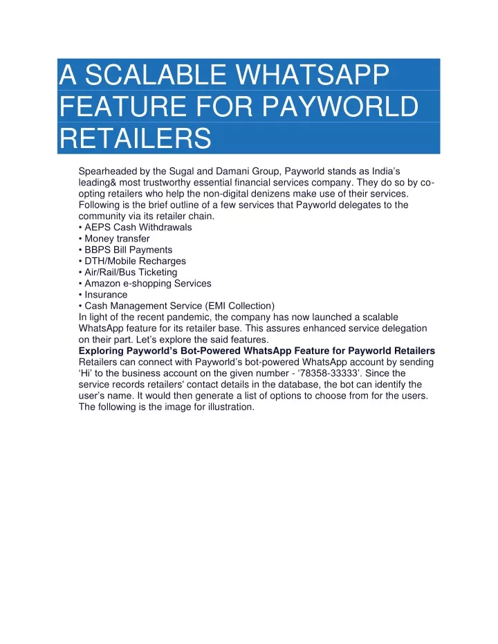 a scalable whatsapp feature for payworld retailers