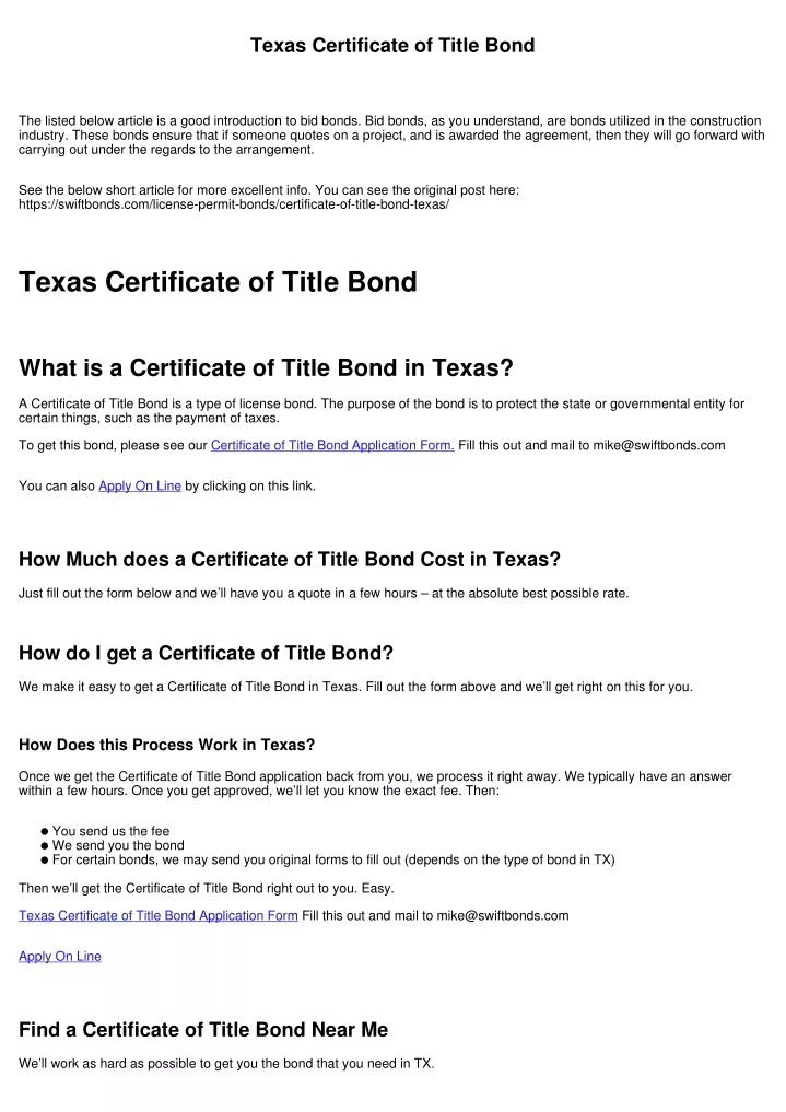 texas certificate of title bond