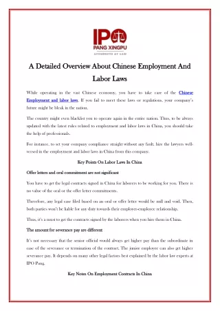 A Detailed Overview About Chinese Employment And Labor Laws