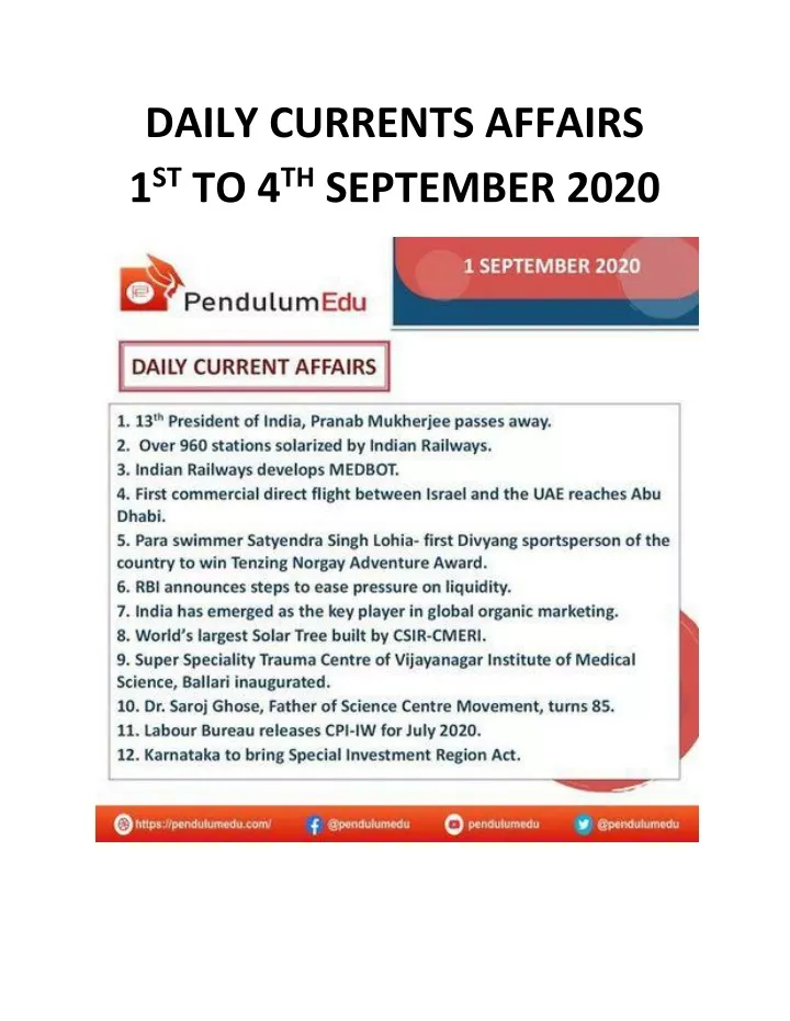 daily currents affairs 1 st to 4 th september 2020