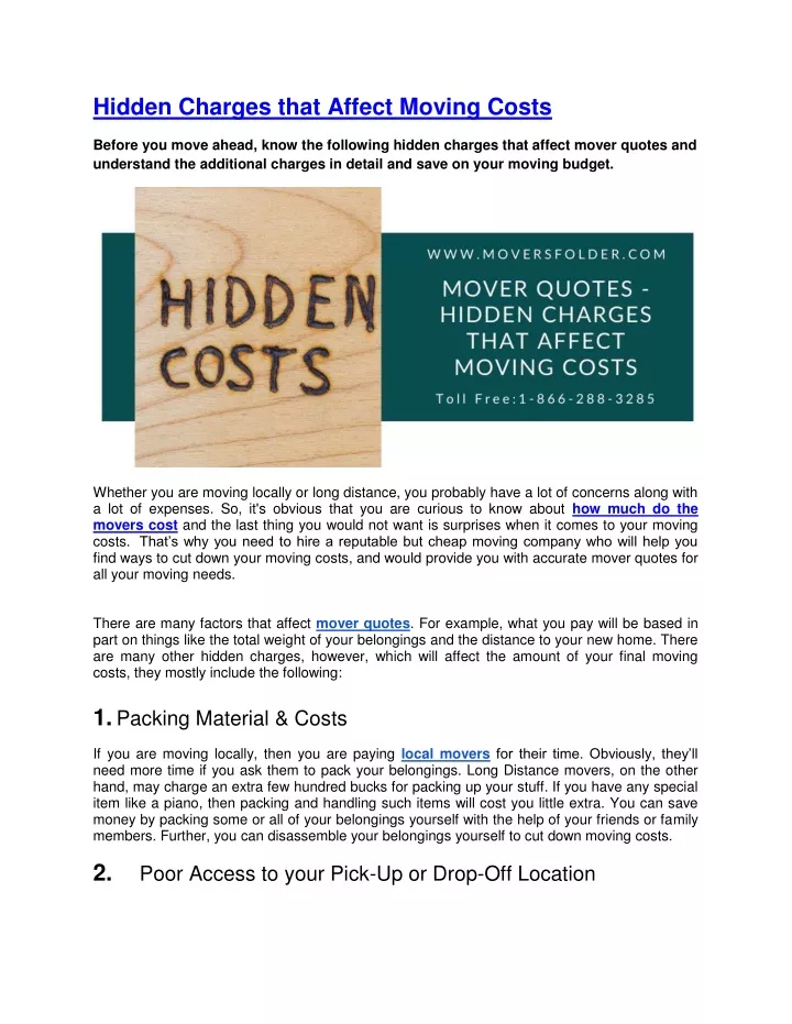 hidden charges that affect moving costs