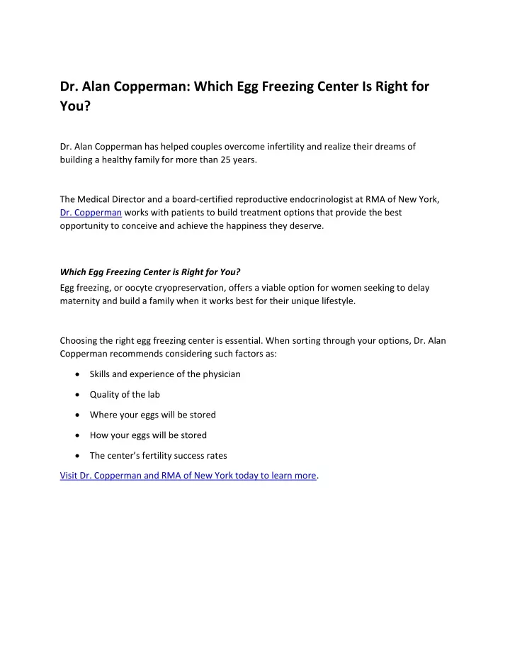 dr alan copperman which egg freezing center