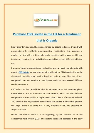 Purchase CBD Isolate in the UK for a Treatment that is Organic