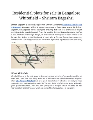 Residential plots for sale in Bangalore Whitefield - Shriram Bageshri