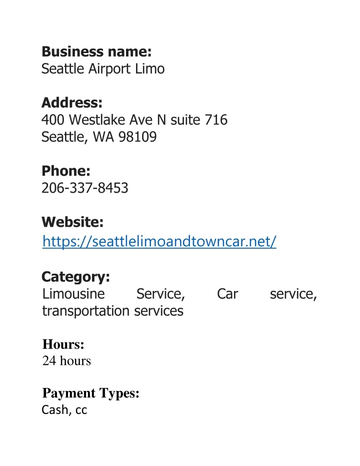 business name seattle airport limo address