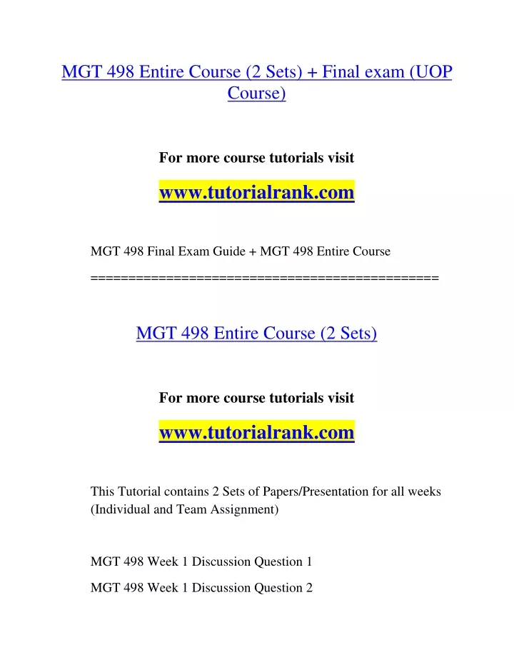 mgt 498 entire course 2 sets final exam uop course
