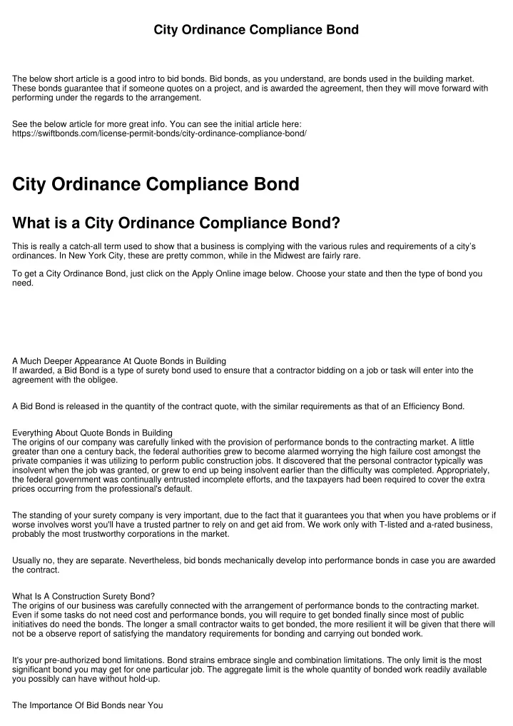 city ordinance compliance bond