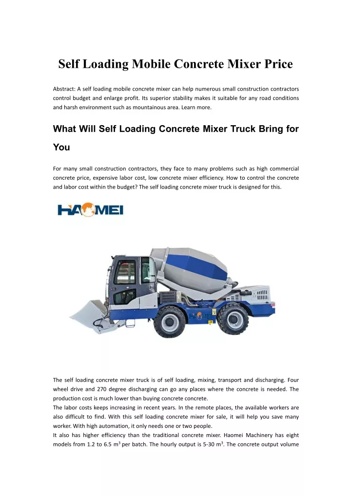 self loading mobile concrete mixer price