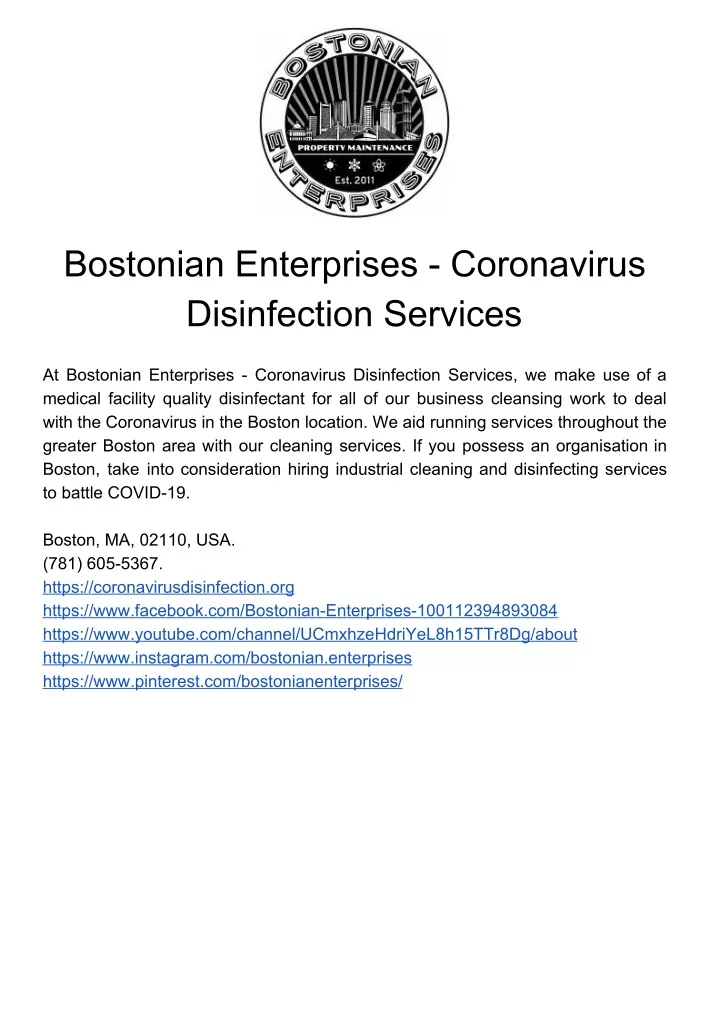 bostonian enterprises coronavirus disinfection
