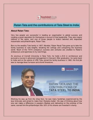 Ratan Tata and the Contributions of Tata Steel to India