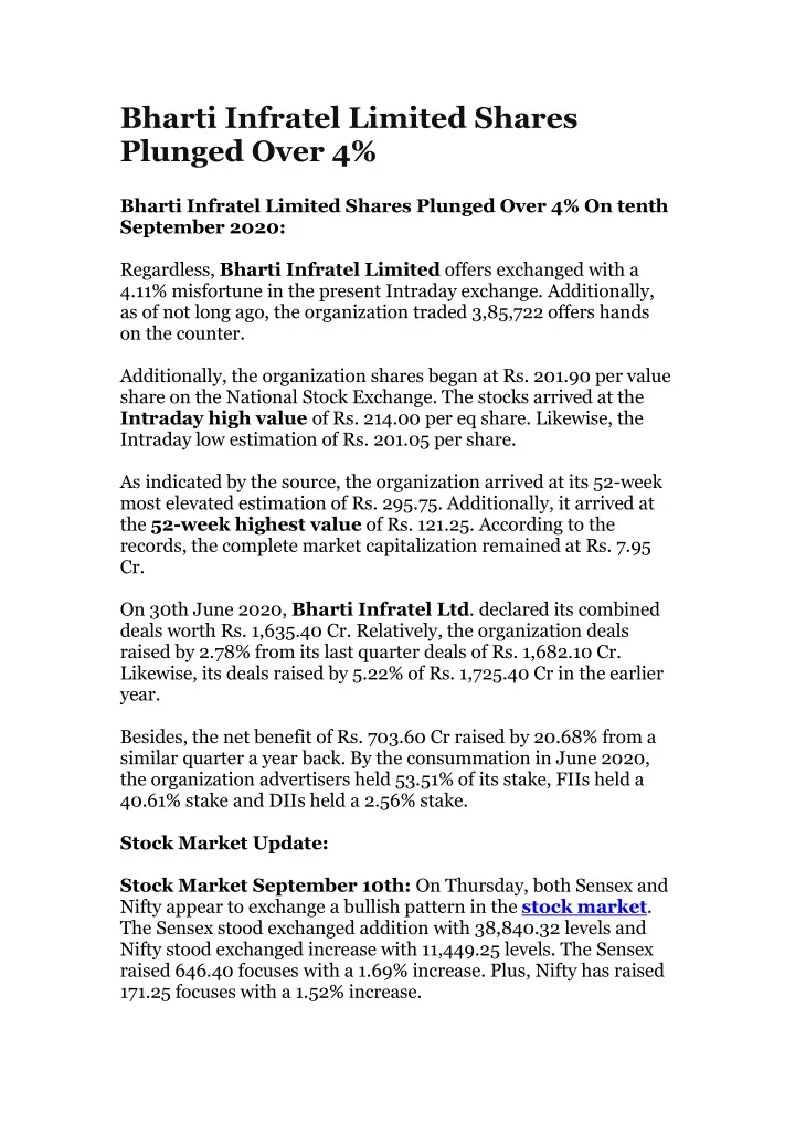 bharti infratel limited shares plunged over 4