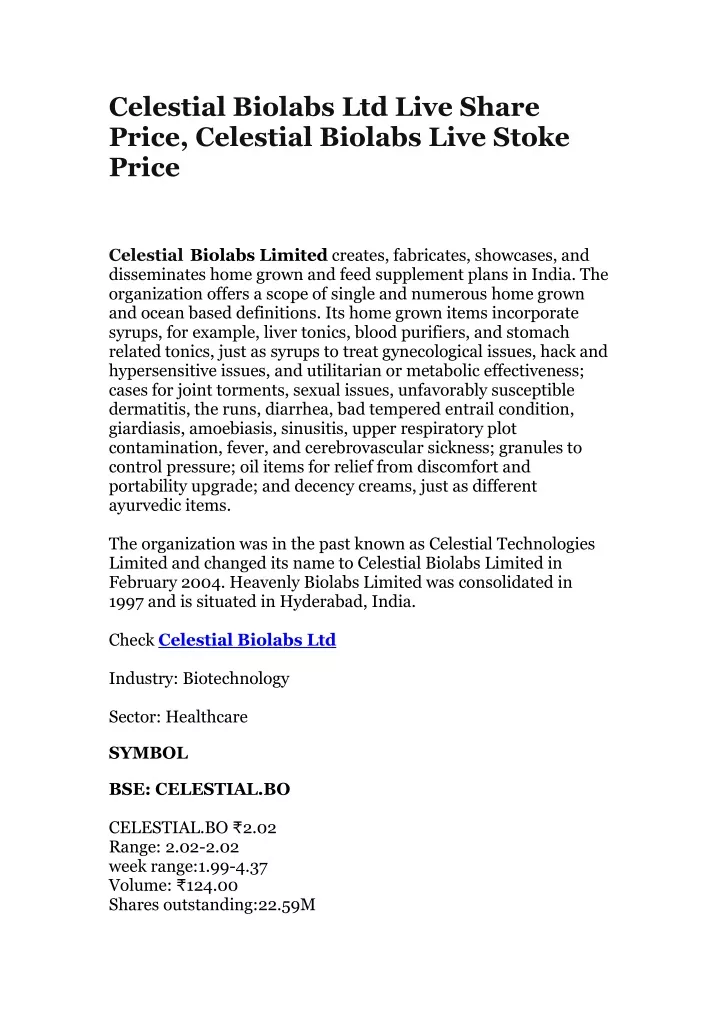 celestial biolabs ltd live share price celestial