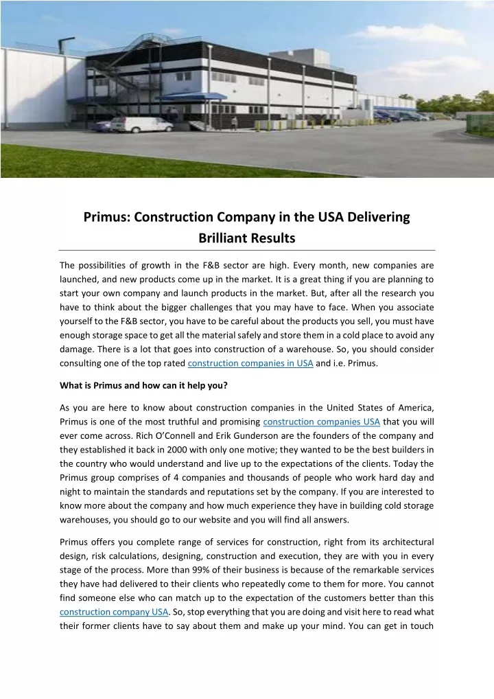 primus construction company in the usa delivering