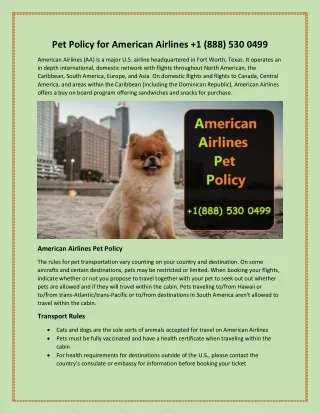 Pet Policy for American Airlines  1 (888) 530 0499