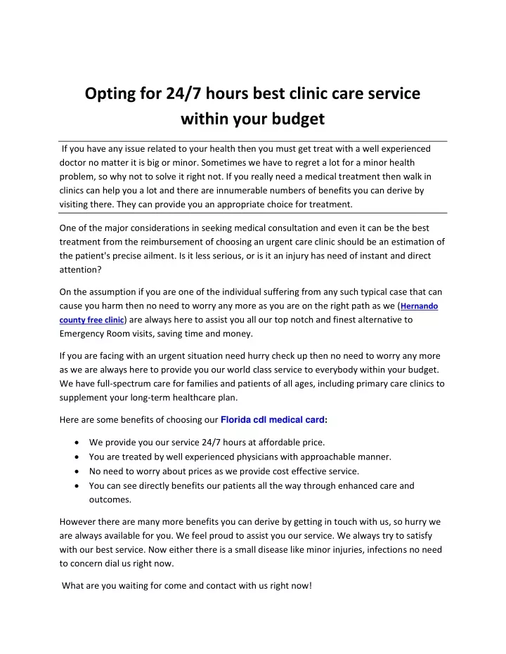 opting for 24 7 hours best clinic care service
