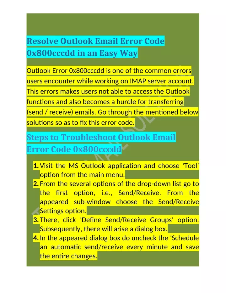 resolve outlook email error code 0x800cccdd