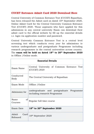CUCET Entrance Admit Card 2020 Download Here