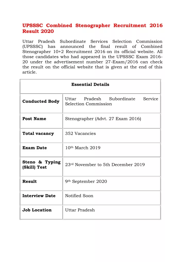 upsssc combined stenographer recruitment 2016