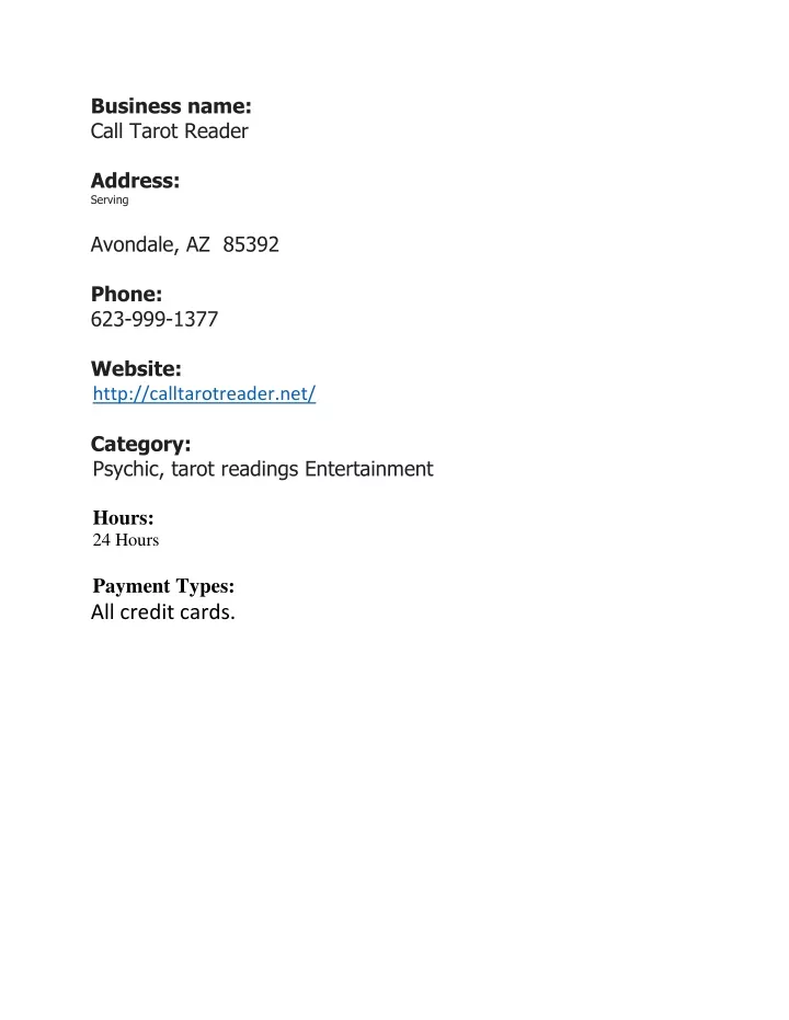 business name call tarot reader address serving