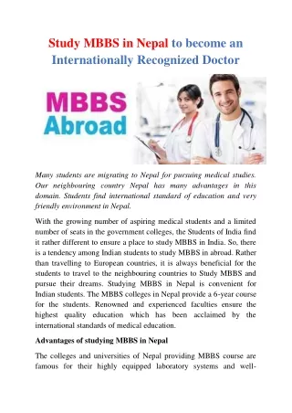 Study MBBS in Nepal to become an Internationally Recognized Doctor