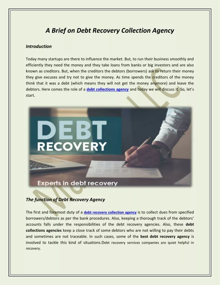 a brief on debt recovery collection agency
