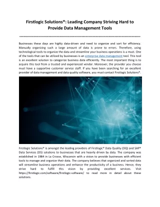 Firstlogic Solutions®: Leading Company Striving Hard to Provide Data Management Tools