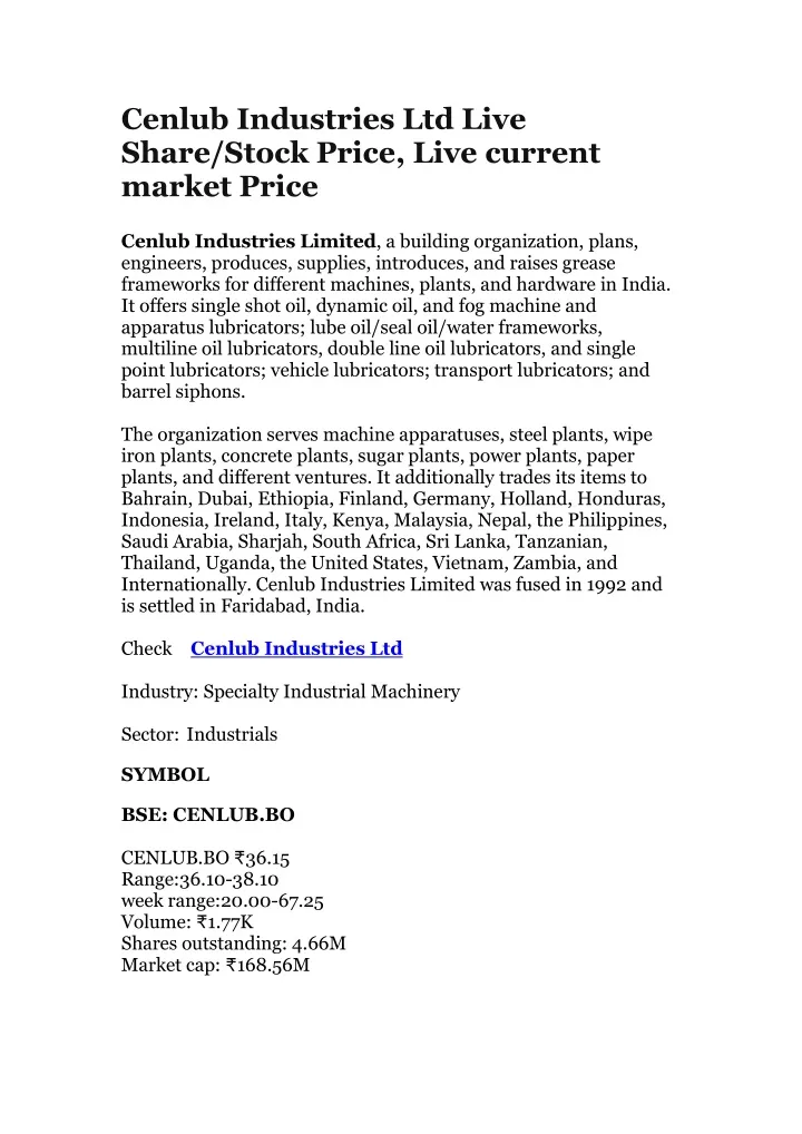 cenlub industries ltd live share stock price live