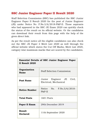 ssc junior engineer paper ii result 2020