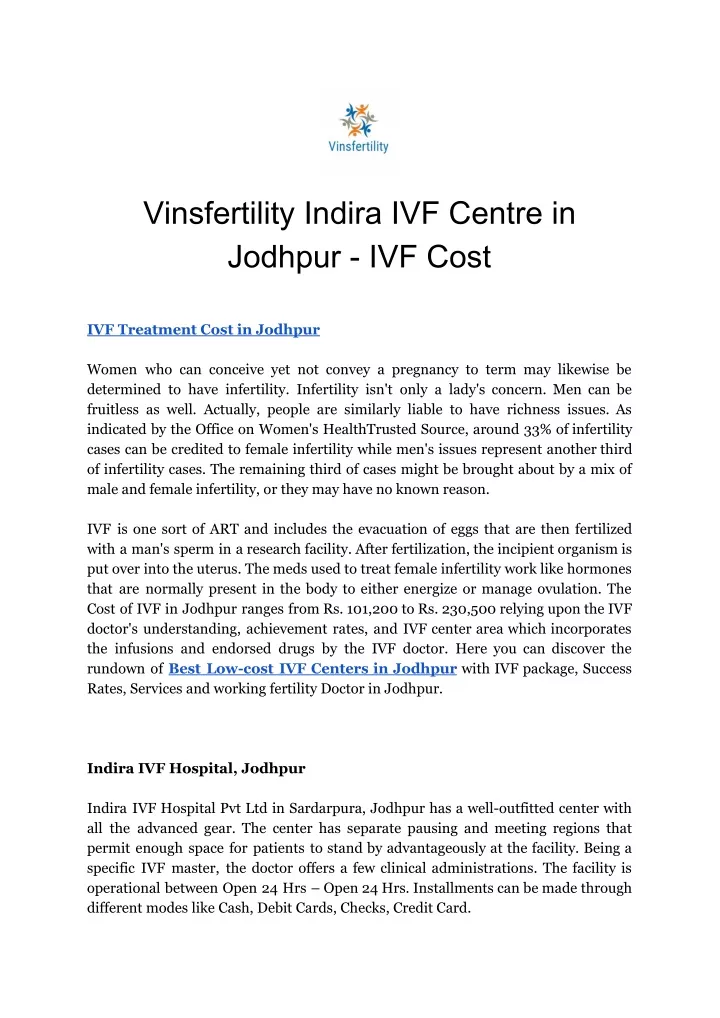 vinsfertility indira ivf centre in jodhpur