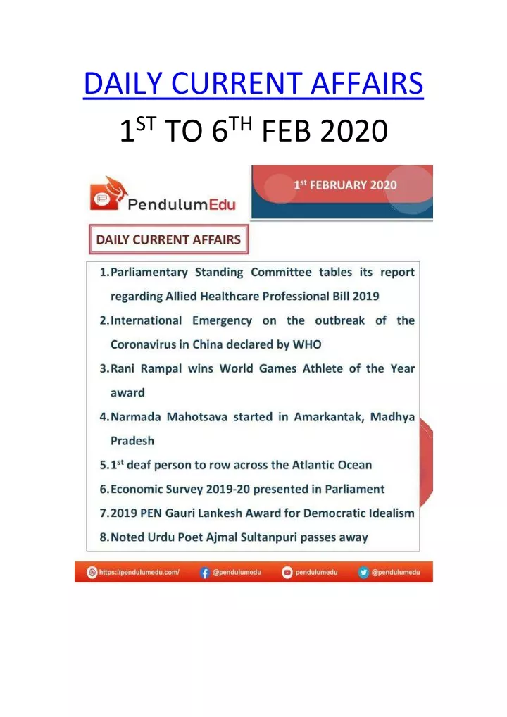 daily current affairs 1 st to 6 th feb 2020