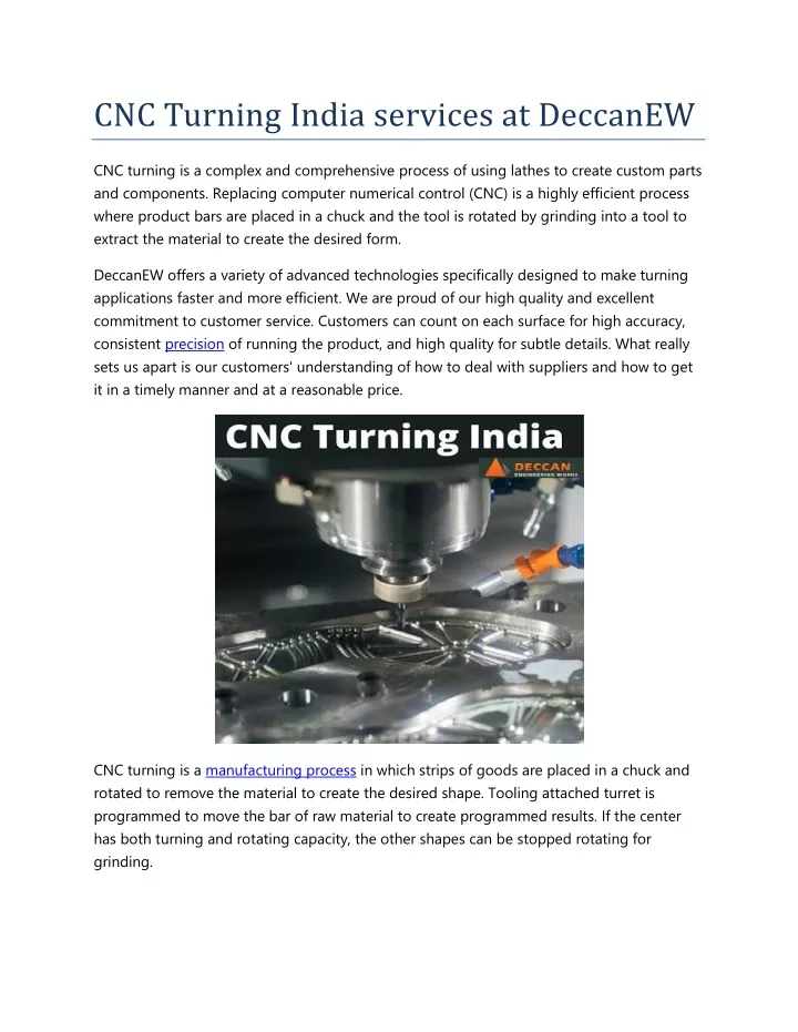 cnc turning india services at deccanew