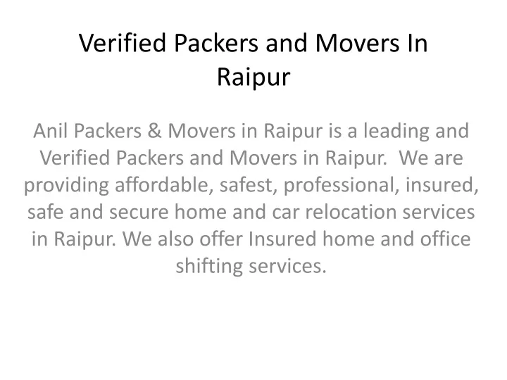 verified packers and movers in raipur