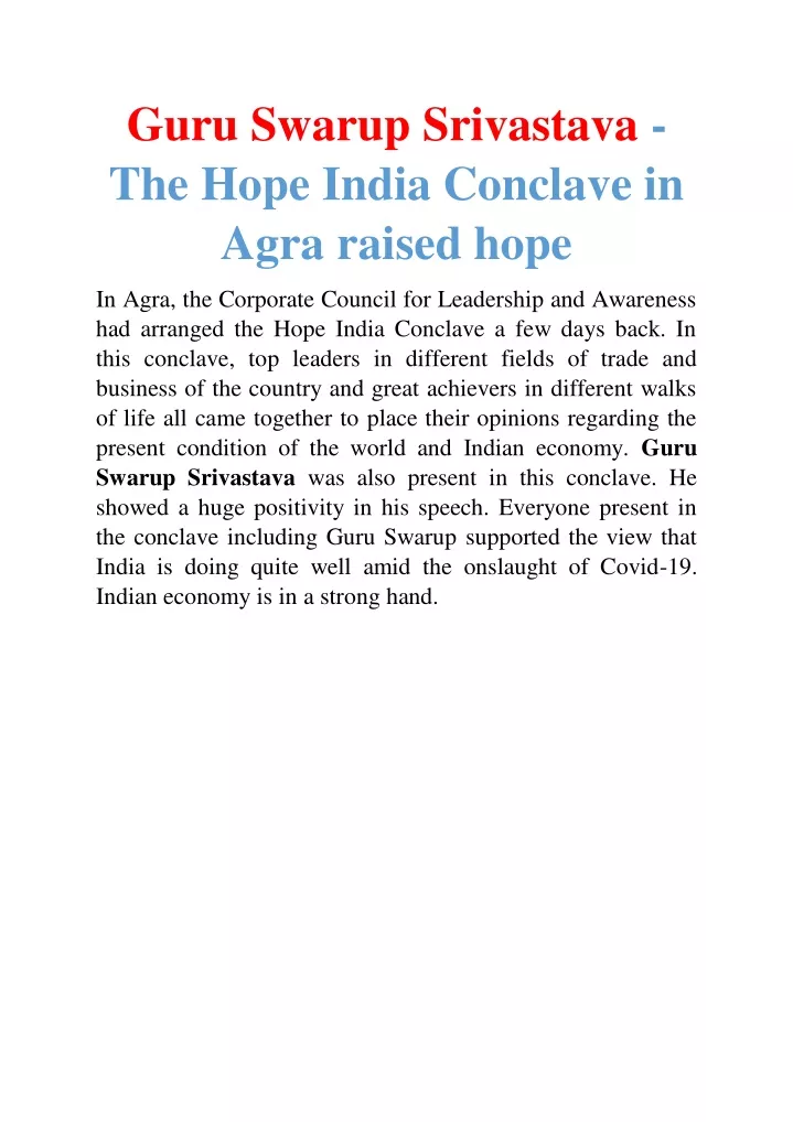 guru swarup srivastava the hope india conclave