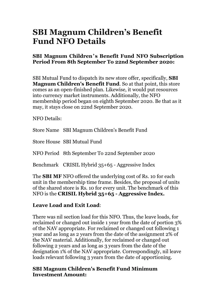 sbi magnum children s benefit fund nfo details