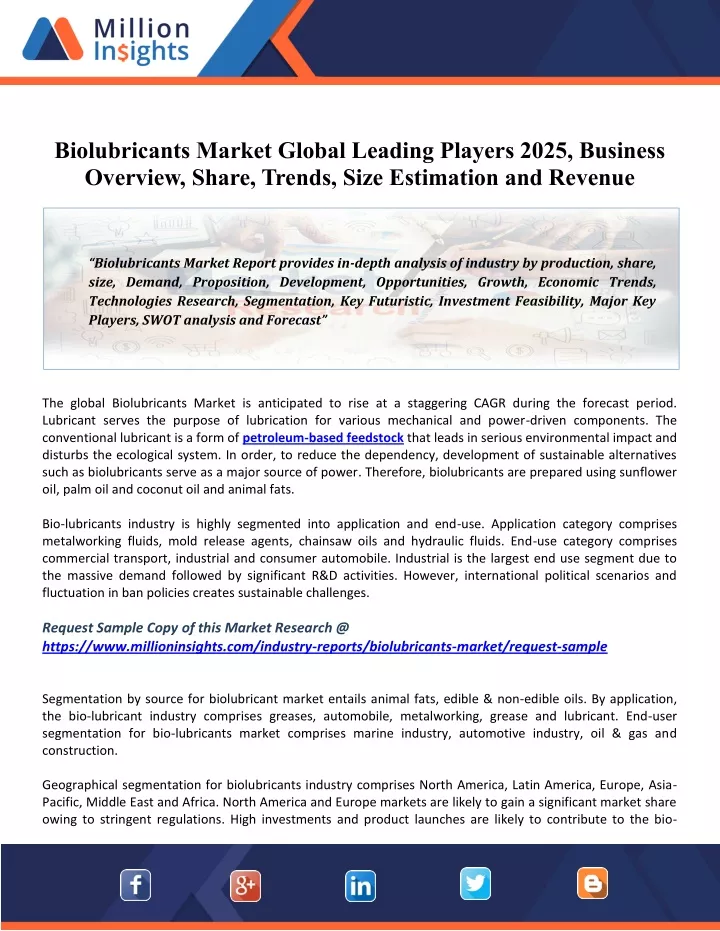 biolubricants market global leading players 2025