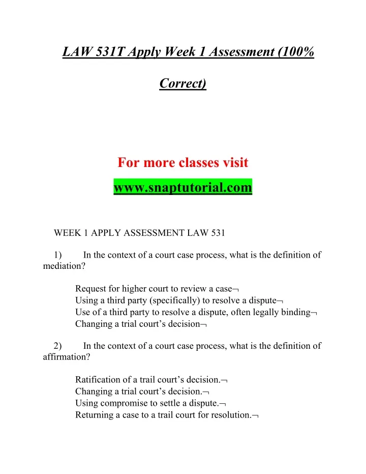 law 531t apply week 1 assessment 100