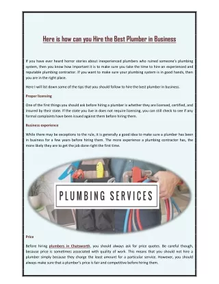 Here is how can you Hire the Best Plumber in Business