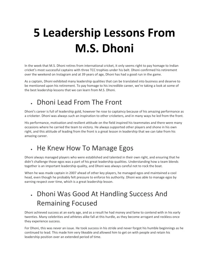 5 leadership lessons from m s dhoni