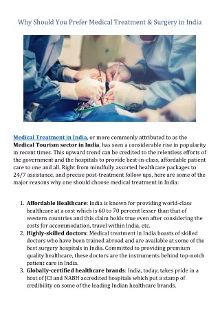 Why Should You Prefer Medical Treatment & Surgery in India