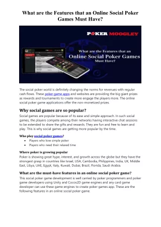 What are the Features that an Online Social Poker Games Must Have?